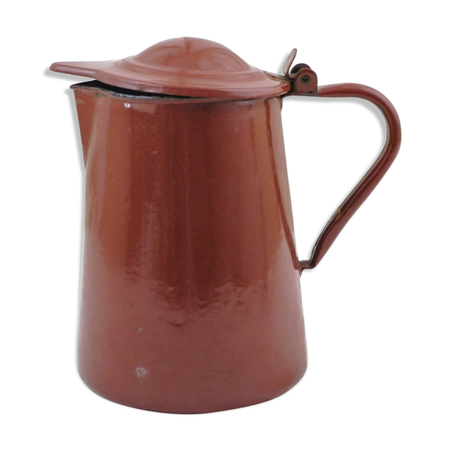 French vintage chocolate brown enamel lidded pitcher