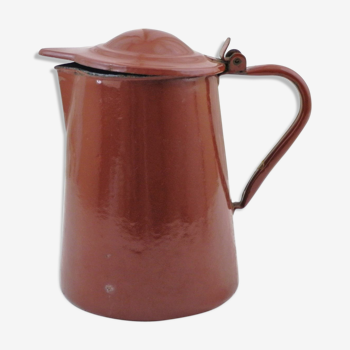 French vintage chocolate brown enamel lidded pitcher