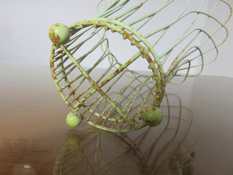 Cache pot tripod in pale green metal and yellow 50 60 years