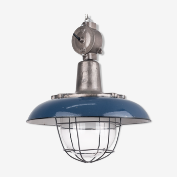 Lampe industrielle en émail bleu de Pologne avec verre et fonte, années 1950