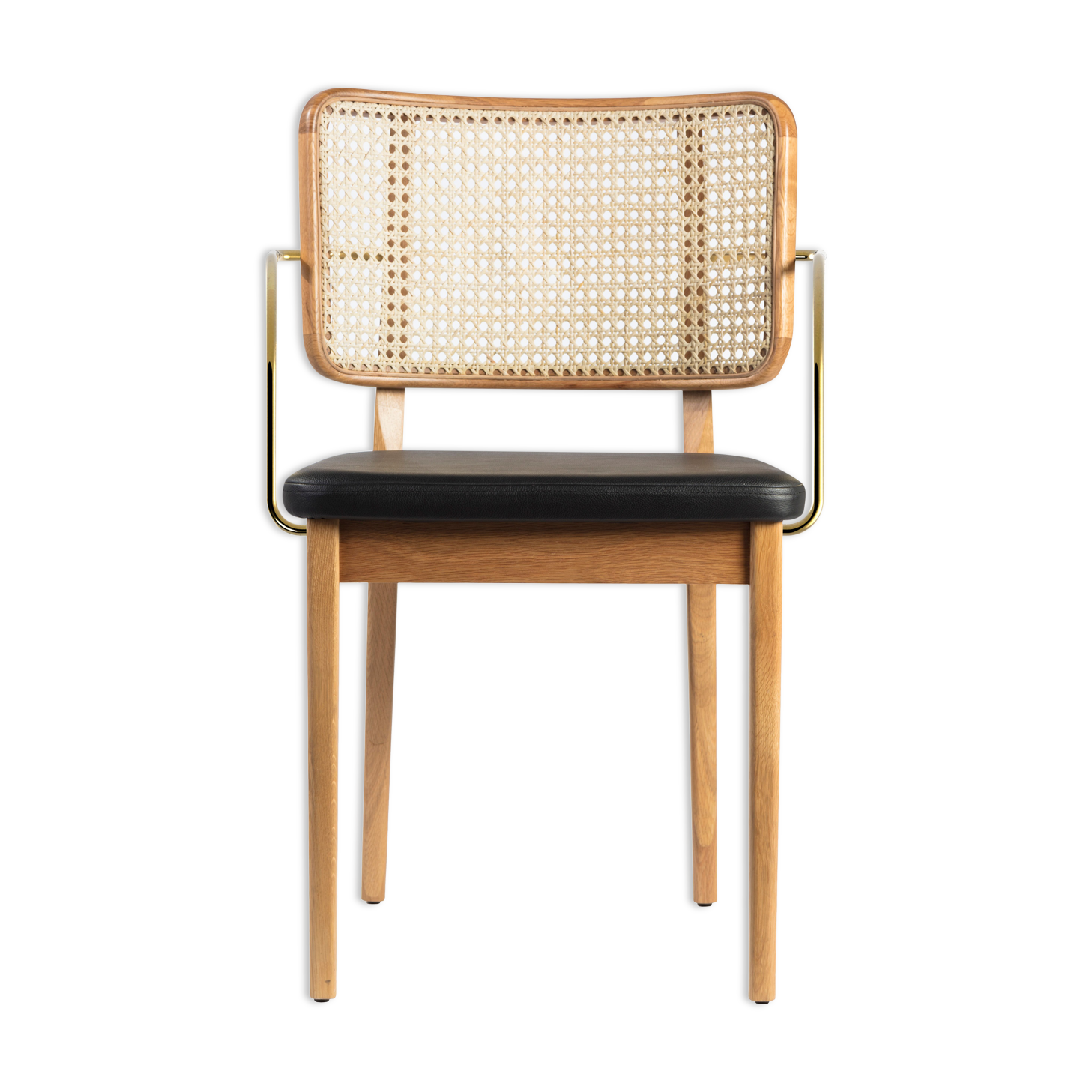 Light wood caning chair black leather armrests