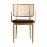 Light wood caning chair black leather armrests