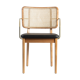 Light wood caning chair black leather armrests