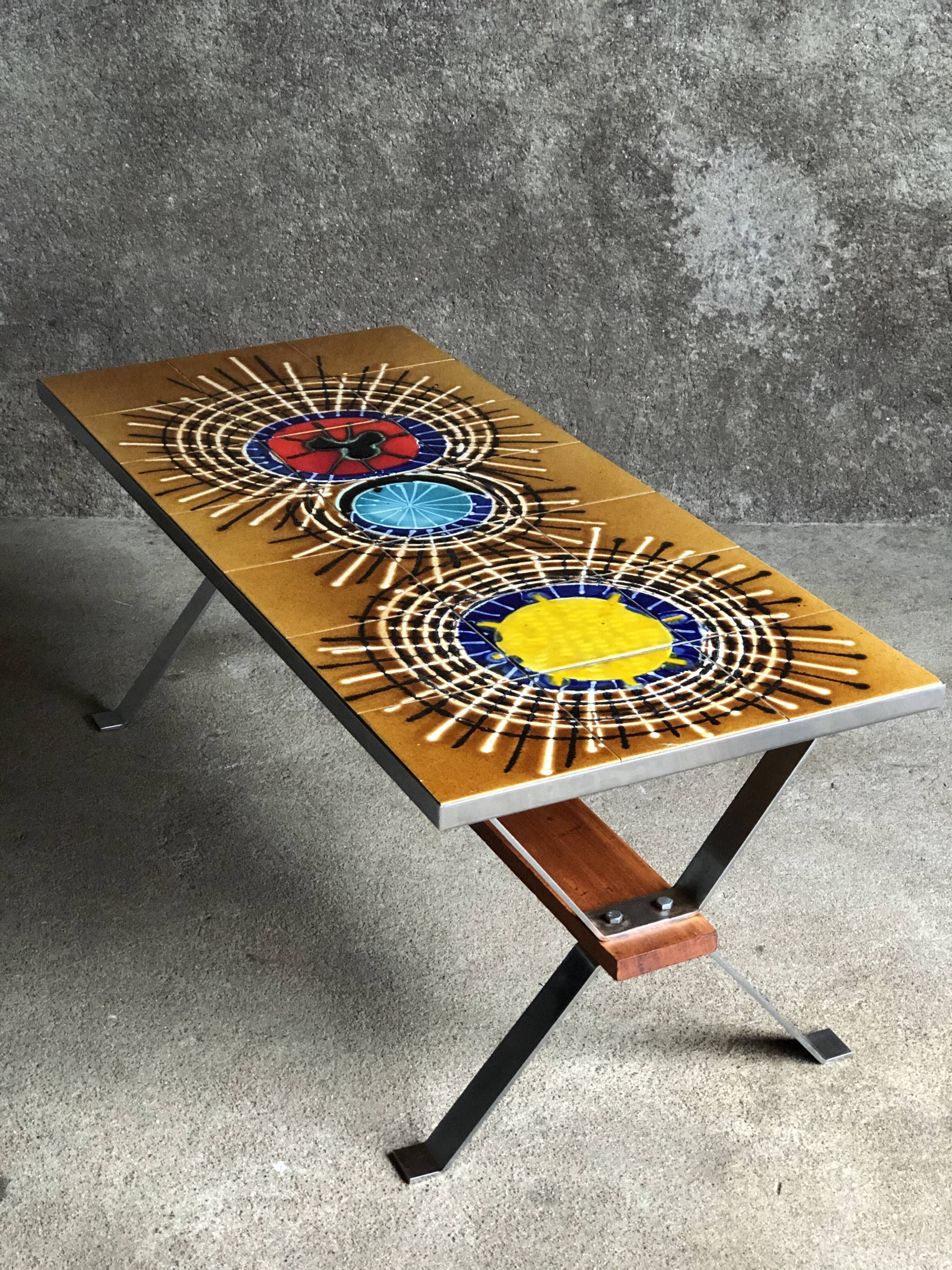 Ceramic coffee table and chrome and wood legs, Juliette Belarti, 1960