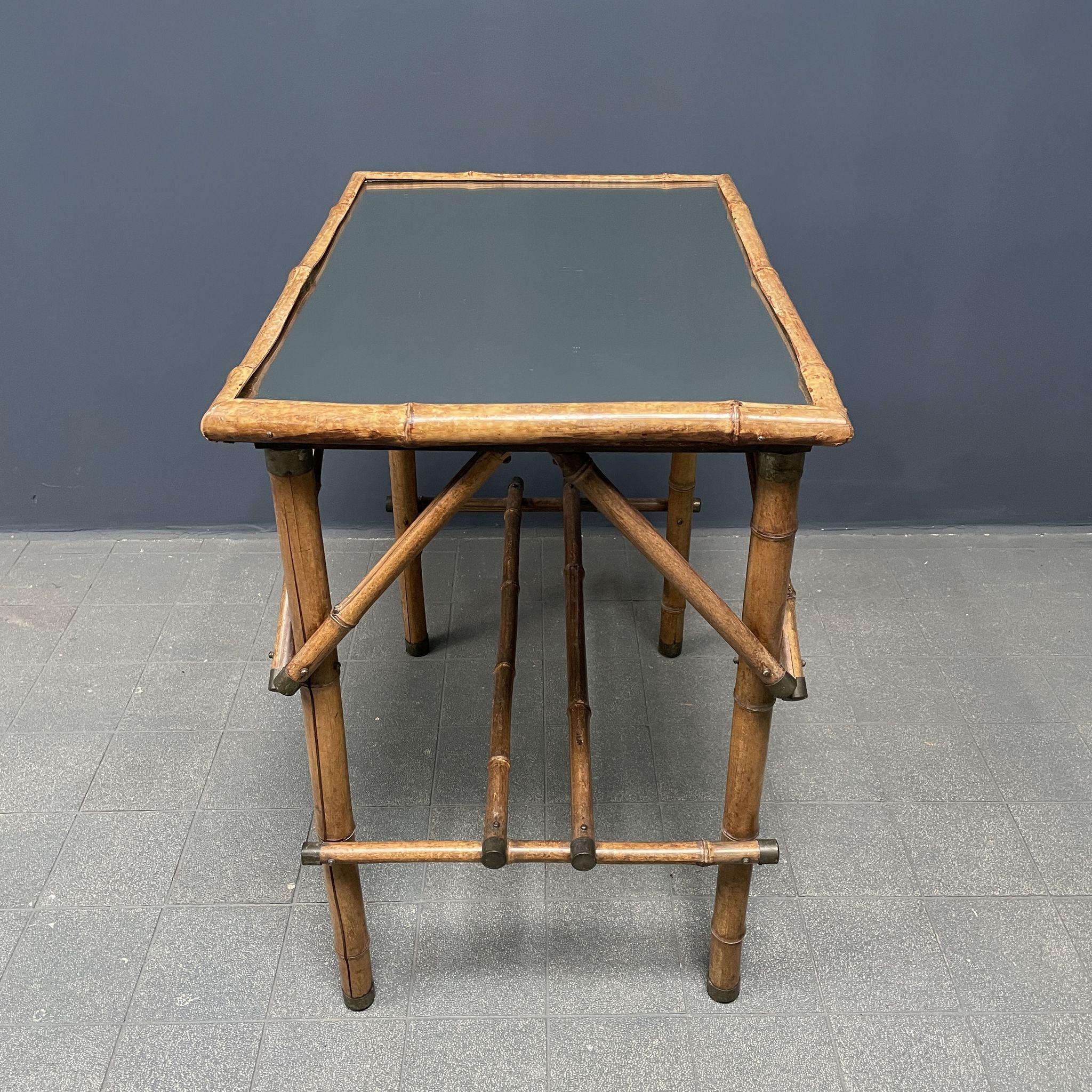 Bamboo side table with mirror top from France, 1940s