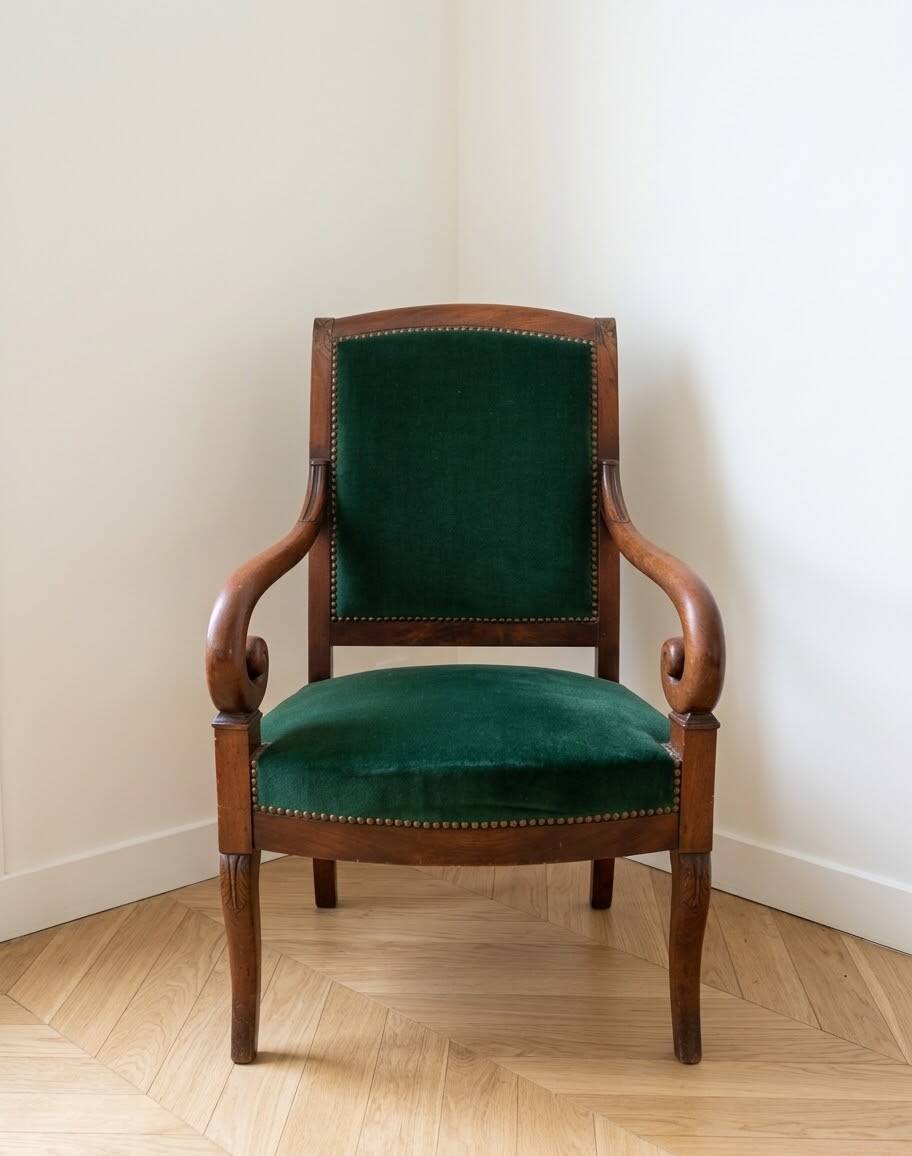 Pair of Empire armchairs in wood and green velvet