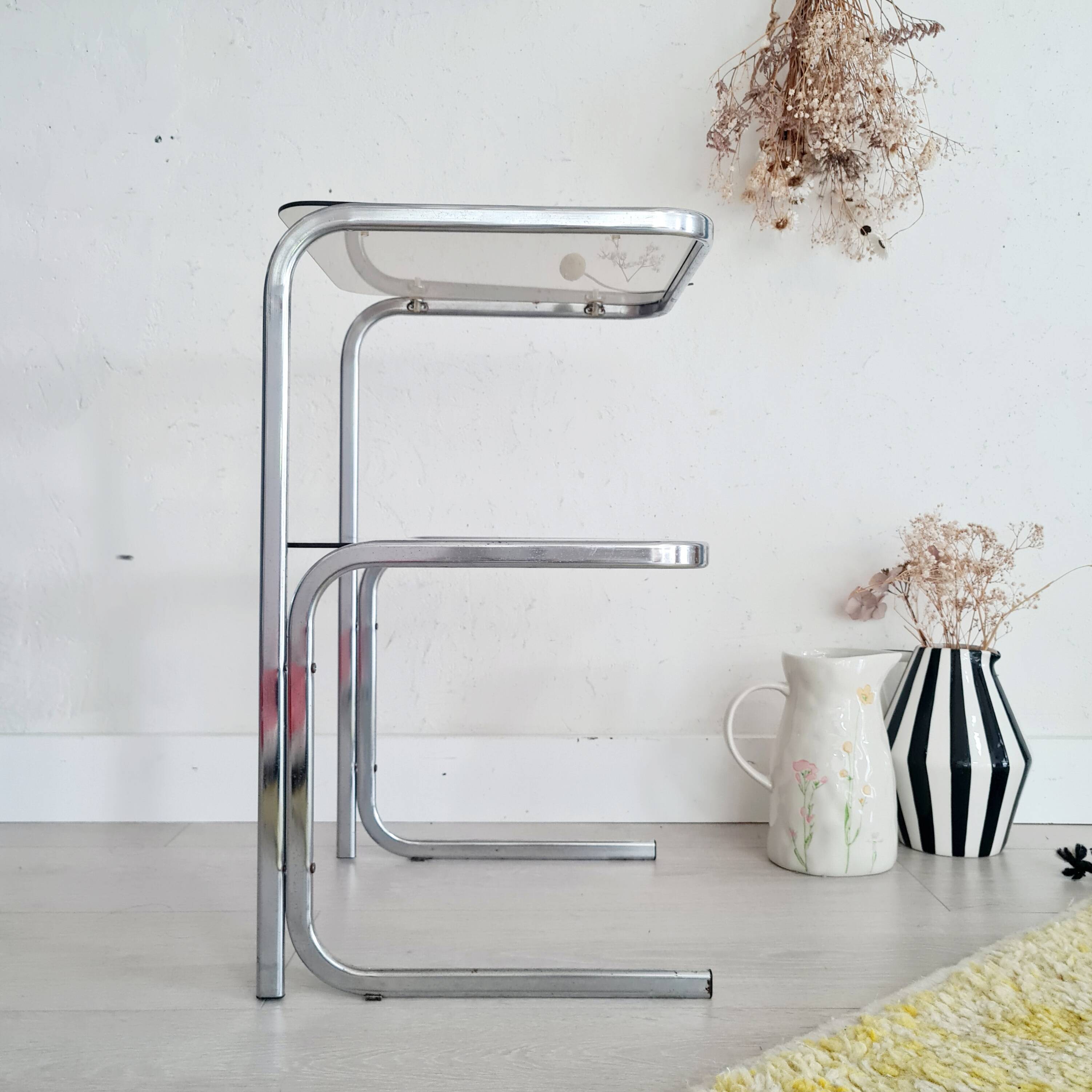 Side table - chrome and smoked glass table - vintage design