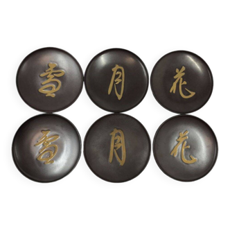 6 assiettes en céramique à motifs de kanji – Shōwa XXe s