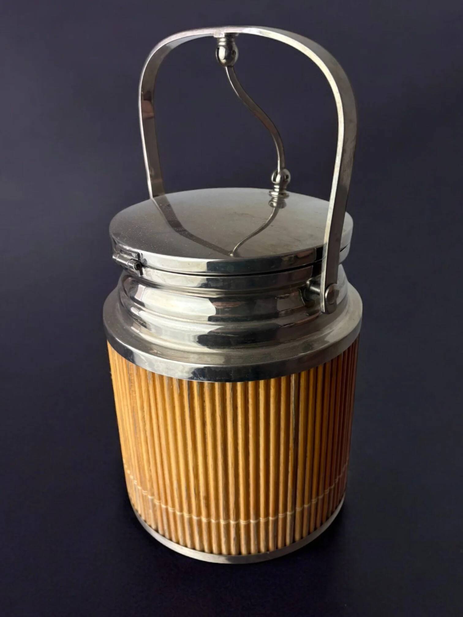 Hollywood Regency rattan ice bucket with tongs, Italy, 1970