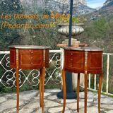 Pair of bedside tables in precious wood marquetry in the Louis XV style, 20th century
