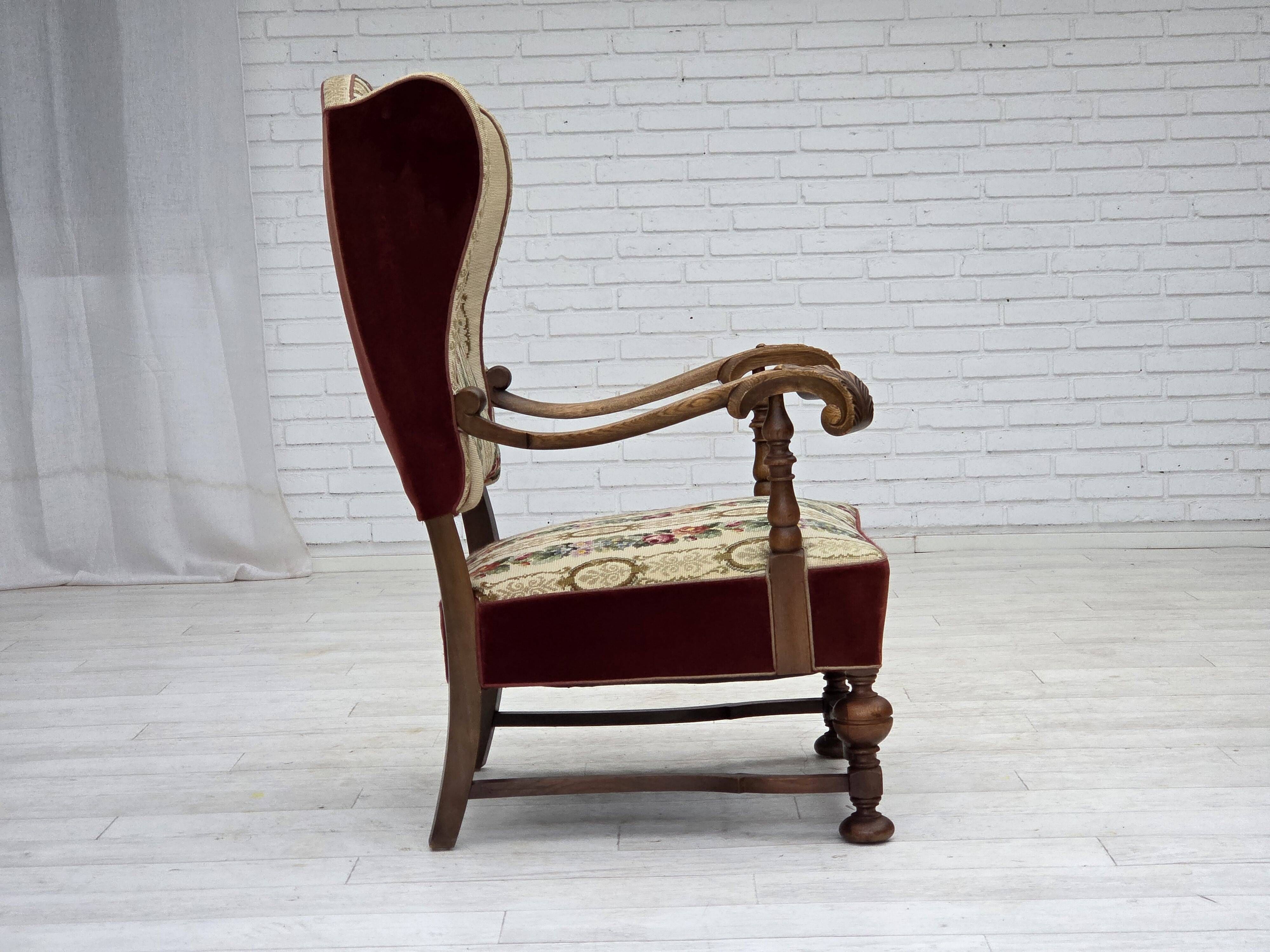 1950s, Danish wingback armchair, wool fabric, red furniture velour.