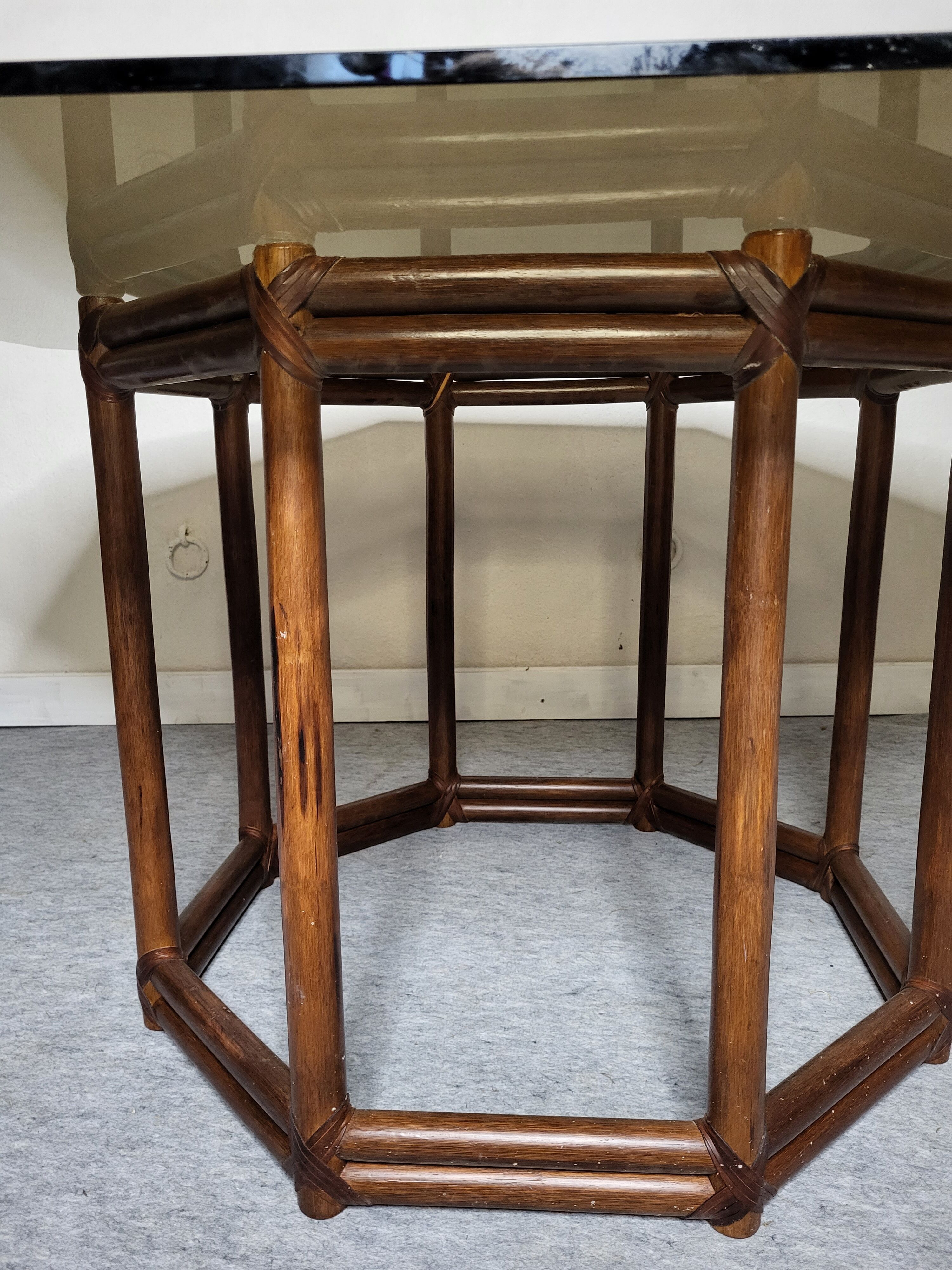 Wood table bamboo style smoked glass 70s