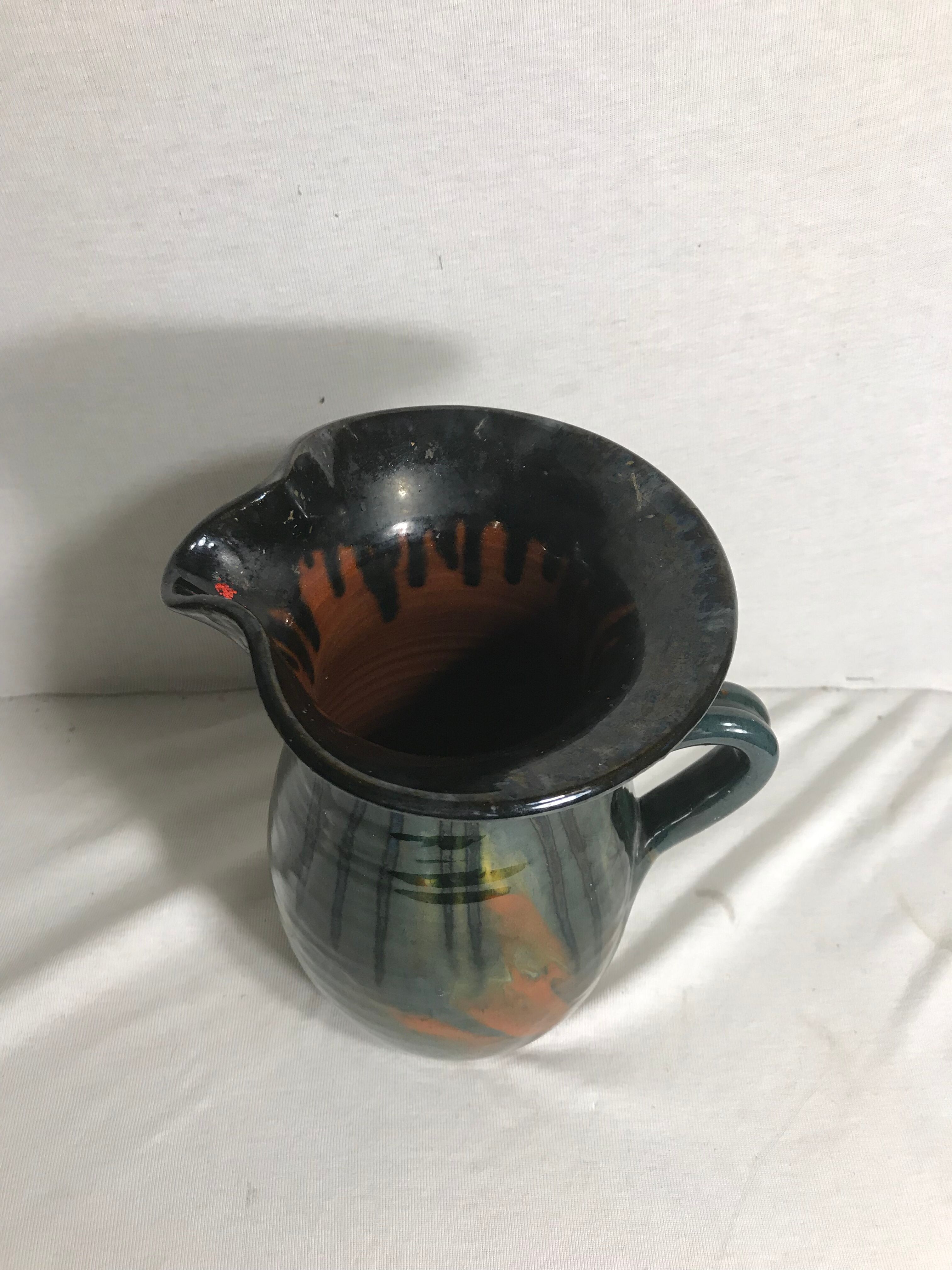 Ceramic jug enamelled yellow-green & orange 70's