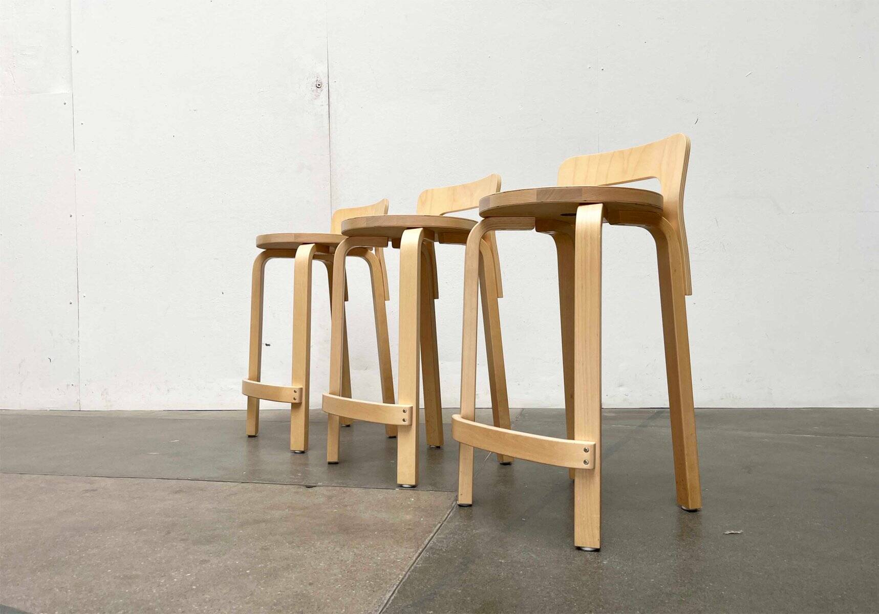 Mid-Century Modern High Stools K65 by Alvar Aalto for Artek, Finland, 2017, Set of 3