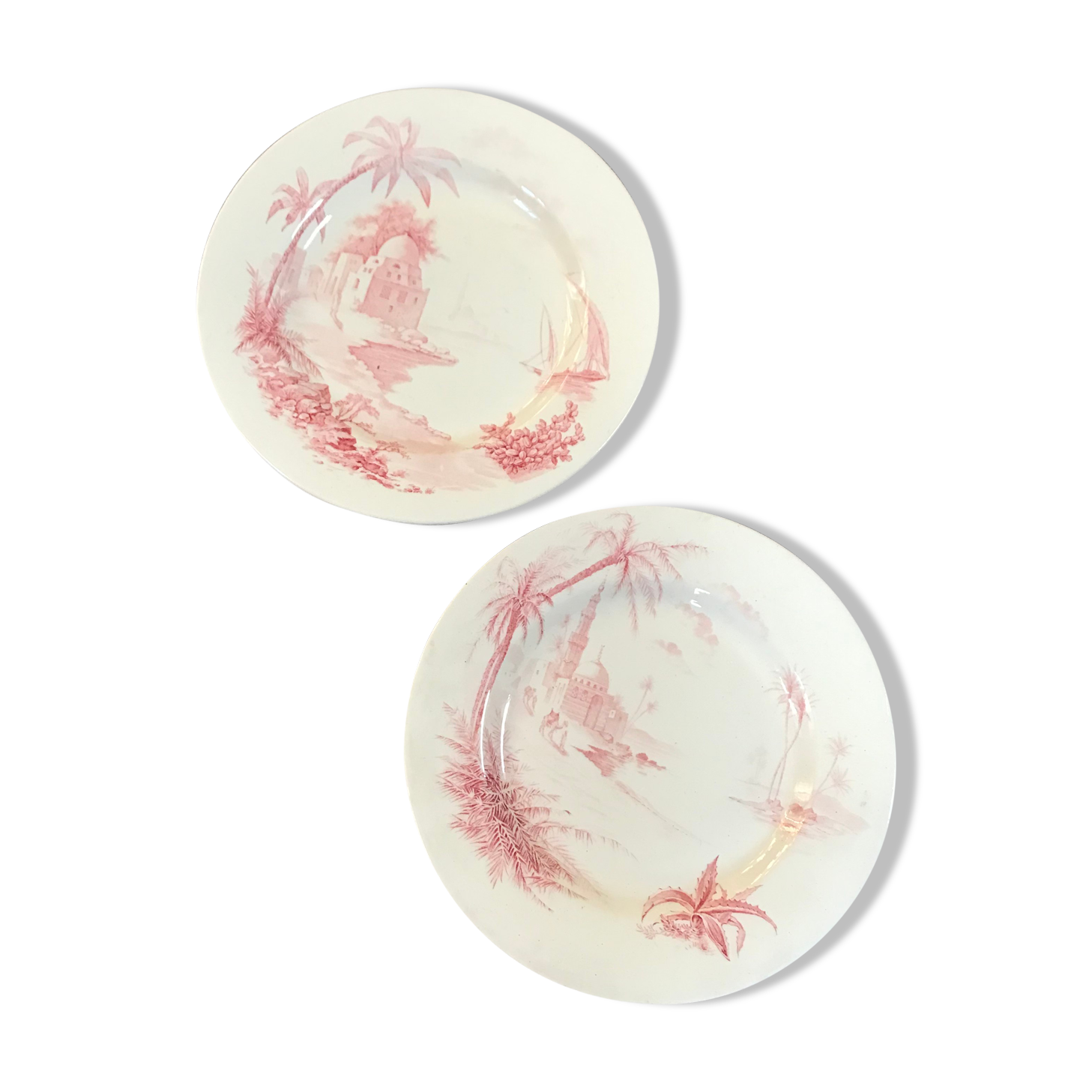2 dessert dishes on foot Gien vintage 1870 pink Shabby model views from the east
