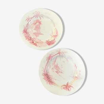 2 plats à dessert sur pied Gien vintage 1870 rose Shabby modèle vues d’orient