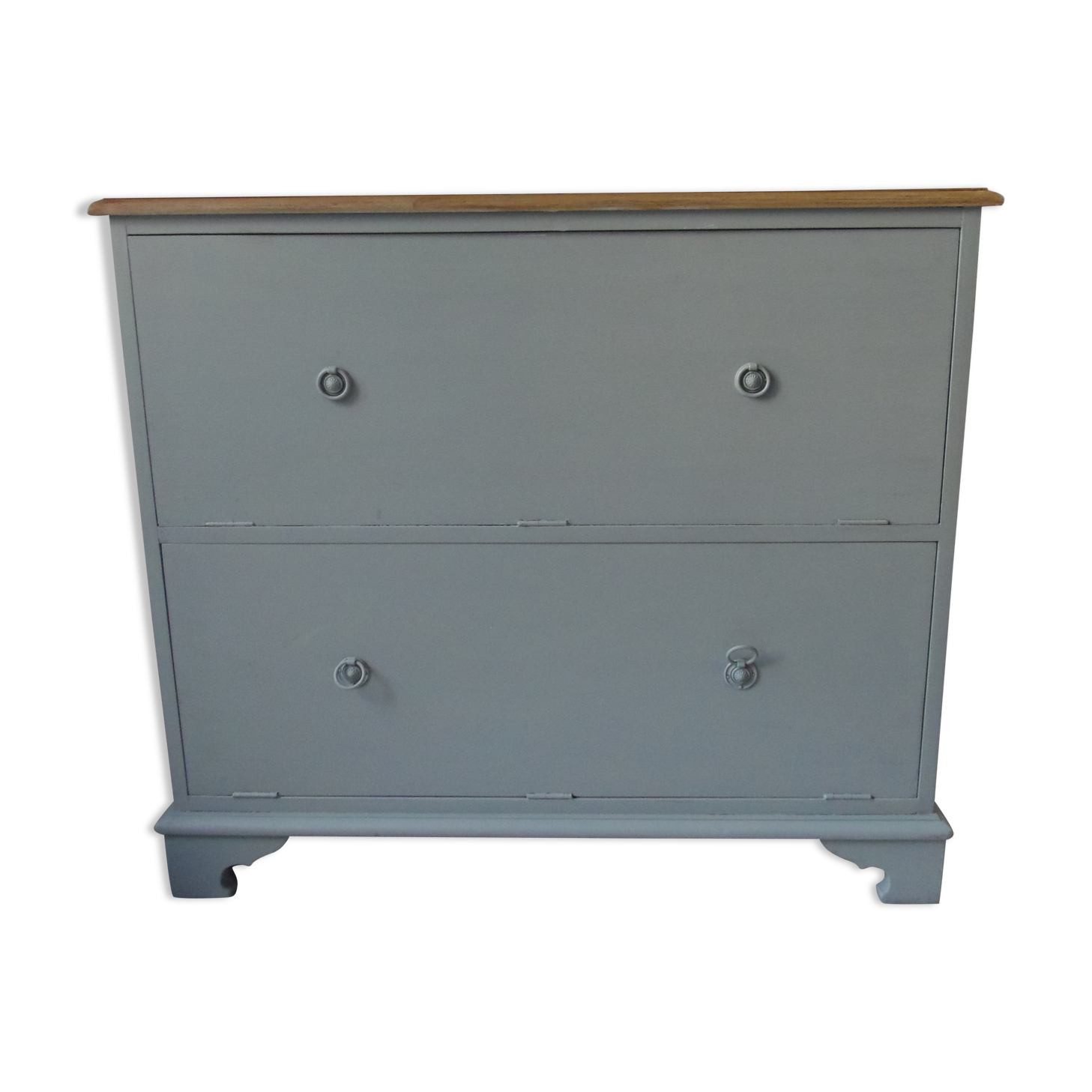 Vintage shoe cabinet green of gray, wooden top.