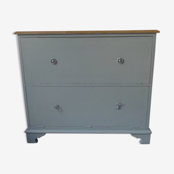 Vintage shoe cabinet green of gray, wooden top.
