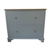 Vintage shoe cabinet green of gray, wooden top.