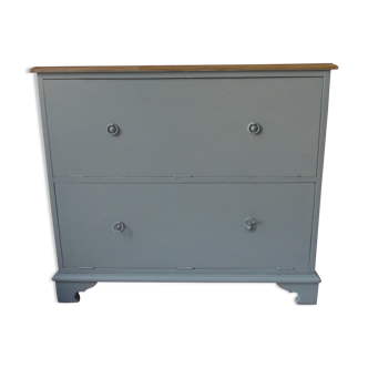 Vintage shoe cabinet green of gray, wooden top.