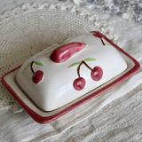 Vintage butter dish in slip and earthenware - Cherry pattern