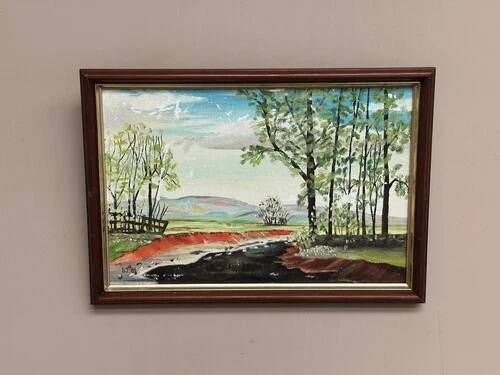 Mid-Century Oil on Panel “Water Canal” by He 84, Signed & Framed 33x23 cm