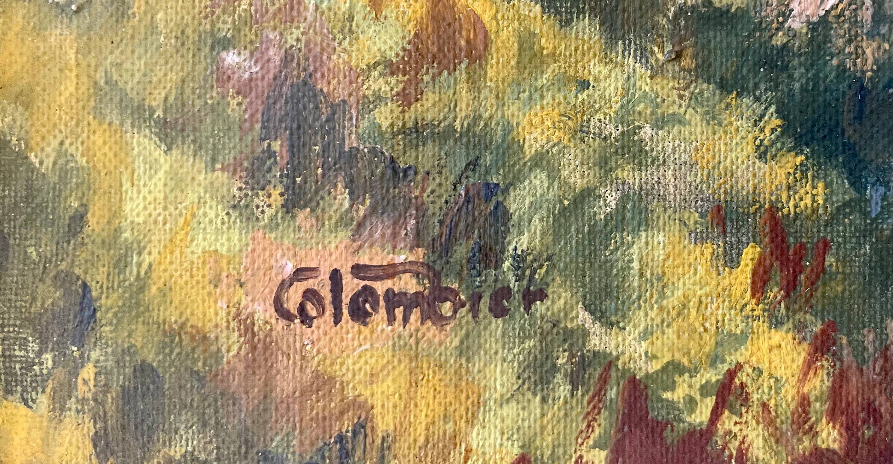 Old oil painting village river landscape canvas with wooden frame