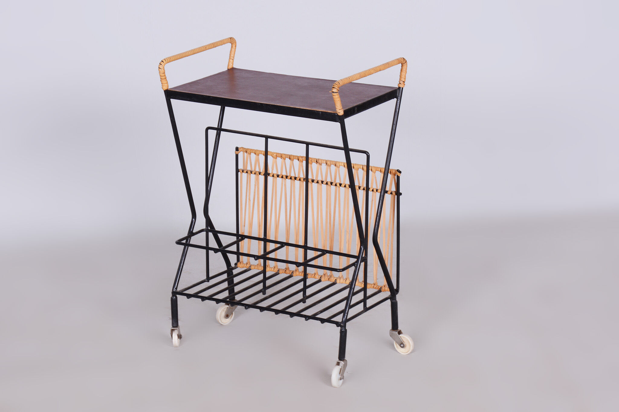 Original midcentury side table, metal, rattan, scandinavia, 1960s