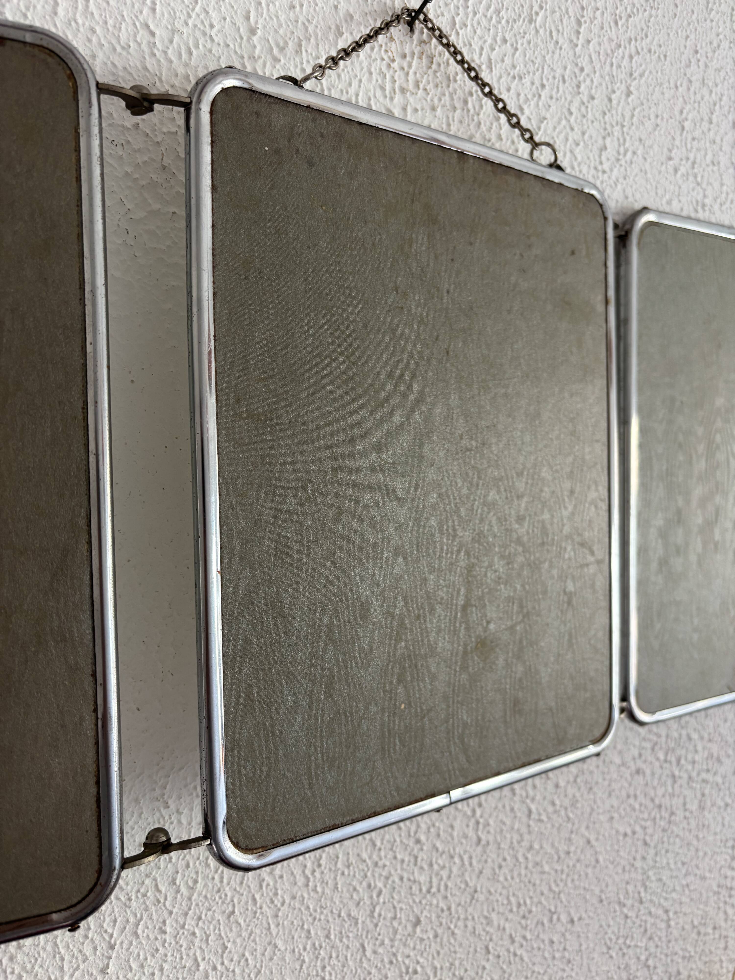 Miroir vintage 1960 triptyque barbier argenté Arpin - 28 x 70 cm