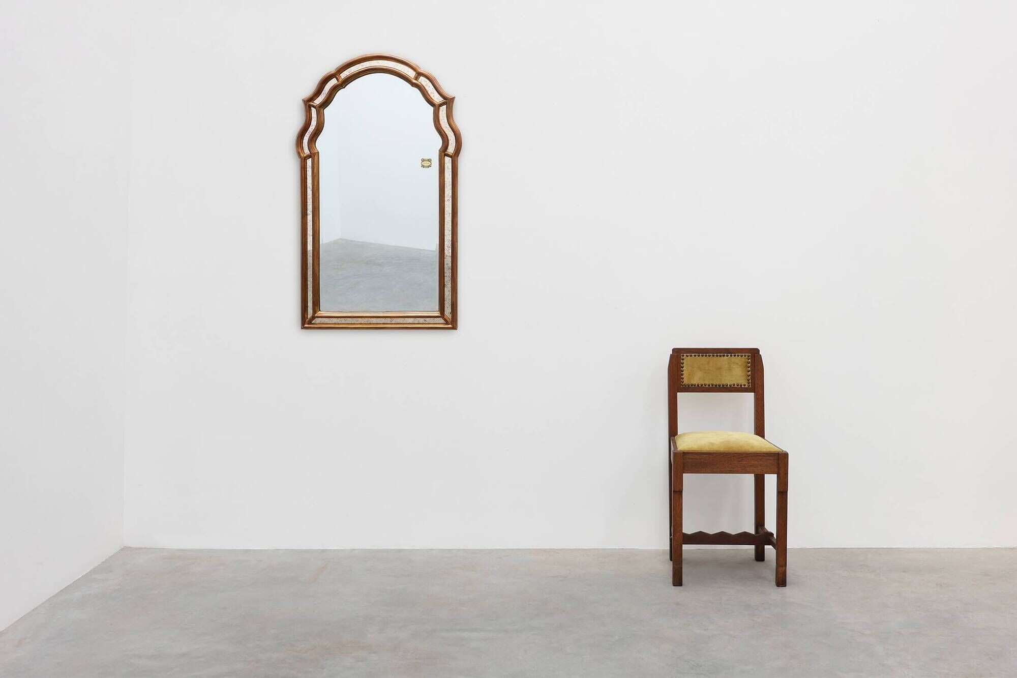 Arched gold-leaf mirror with marbled glass border by Deknudt, Belgium, 20th
