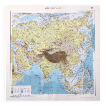 Carte vintage Asie Chine Japon Urss Inde 43x43cm de 1950