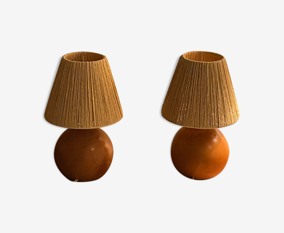 Paire de lampes boule bois massif et fil corde raphia vintage