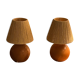 Paire de lampes boule bois massif et fil corde raphia vintage