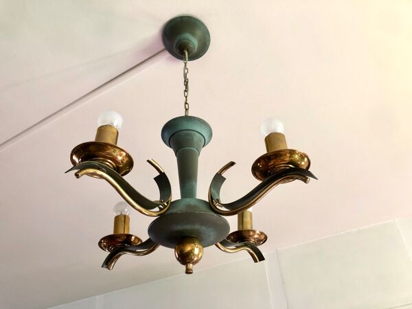 Lustre moderniste vert céladon et laiton massif