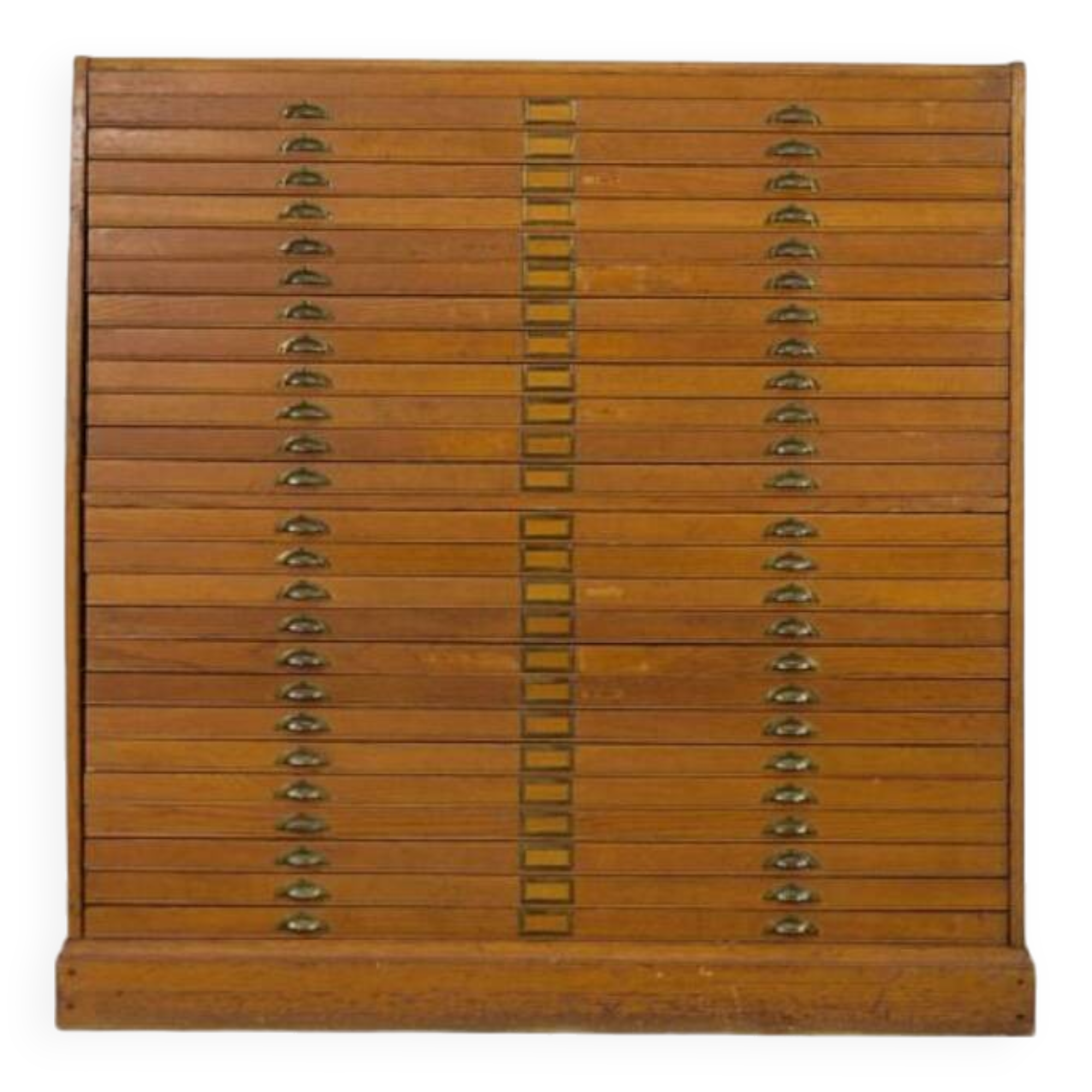 Vintage industrial oak filing cabinet with several drawers, 1930s.