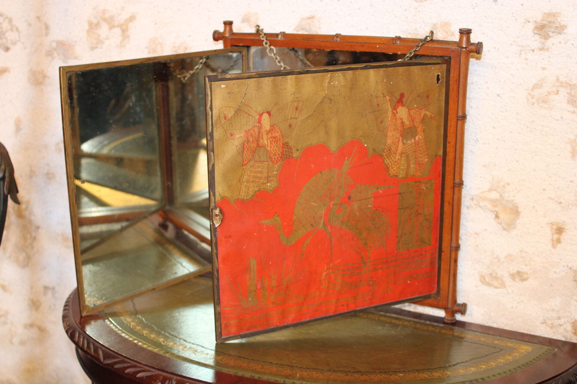 Bamboo triptych mirror, barber circa 1900