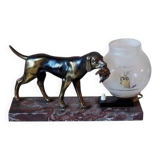 French Art Deco hunting dog on a marble base with a switched lamp.