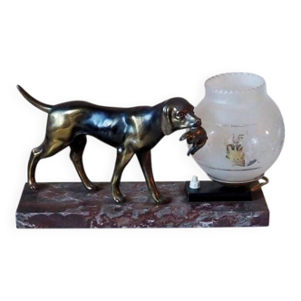 French Art Deco hunting dog on a marble base with a switched lamp.