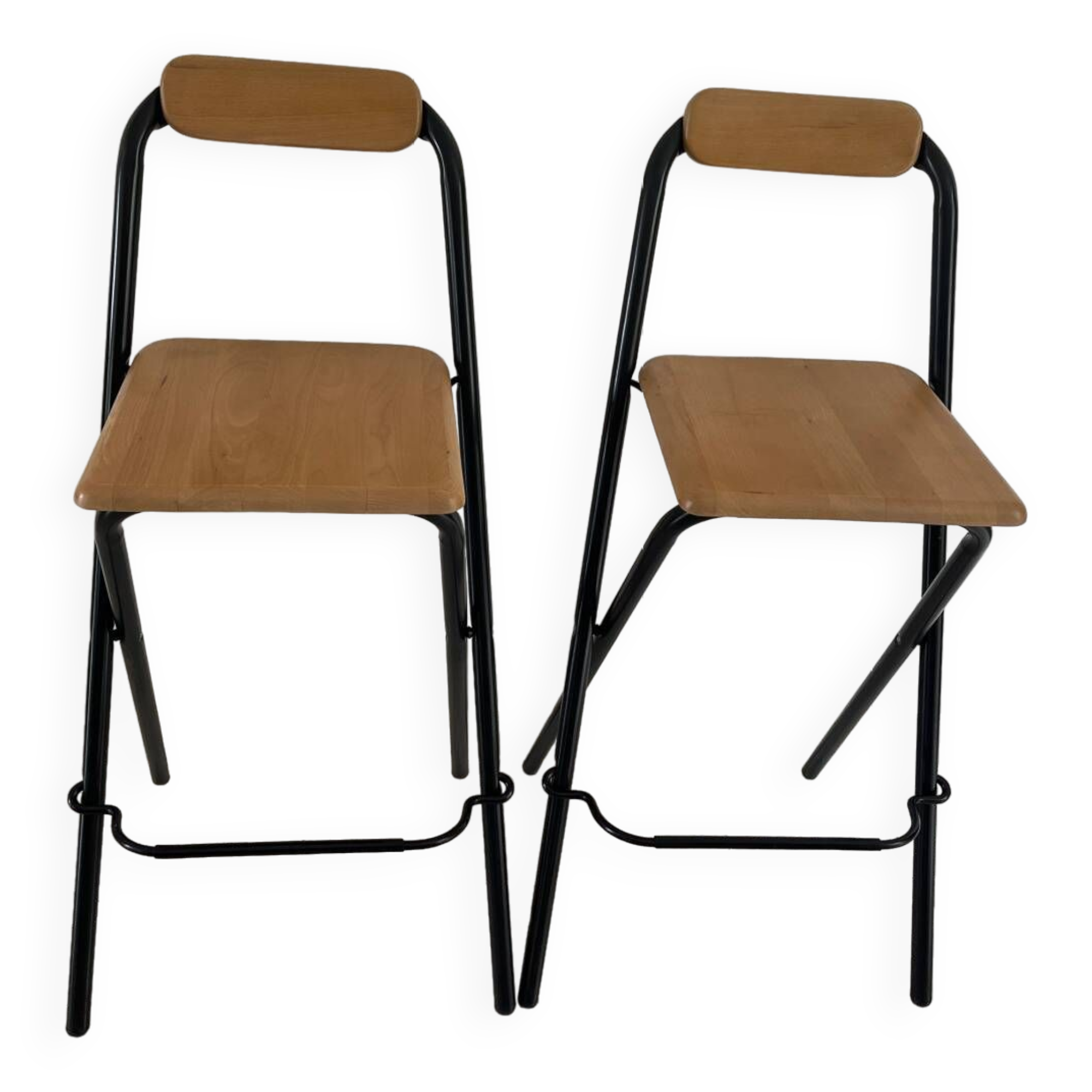2 foldable bar stools from the 90s in wood and black metal