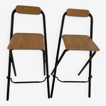 2 foldable bar stools from the 90s in wood and black metal