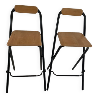 2 tabourets de bar pliable des années 90 bois et métal noir