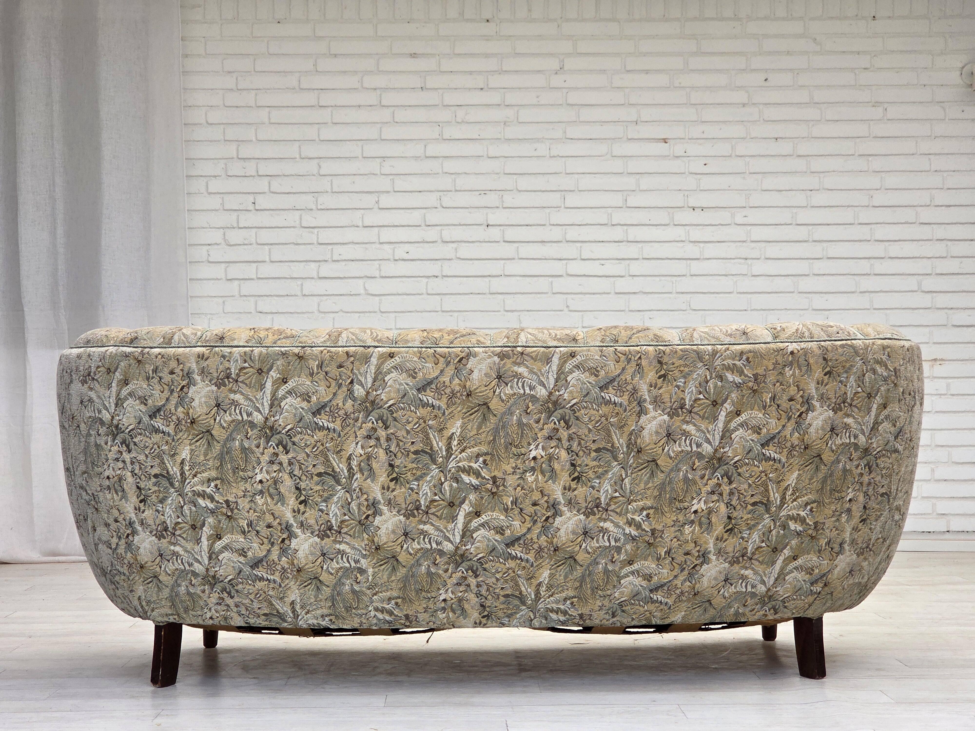 1970s, Danish 3 seater curved sofa, original multicolor furniture fabric.