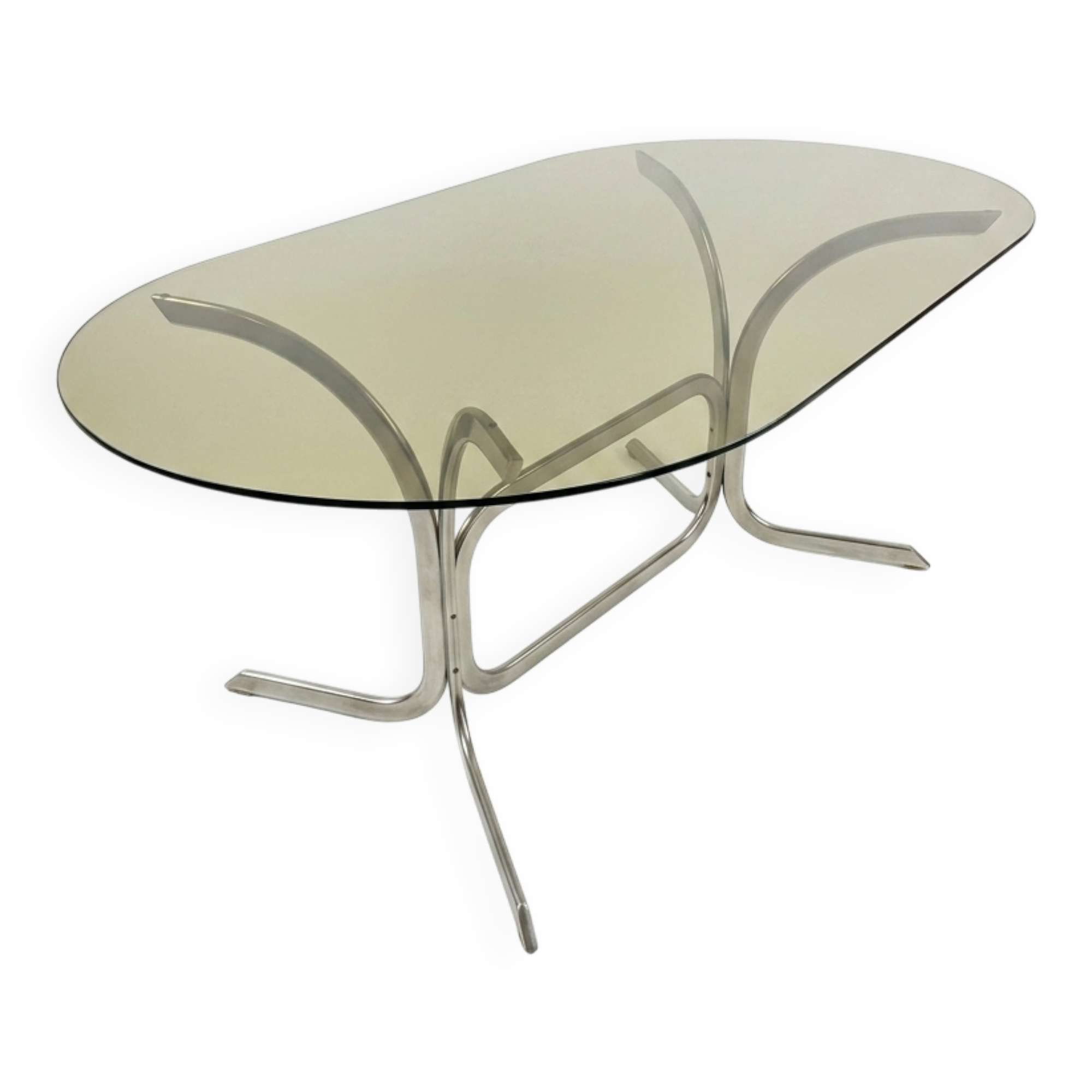 Silver metal table with smoked glass top from the 1970s.