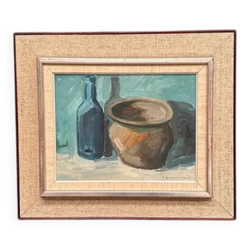 Original Swedish Oil on Canvas – "Pot and Blue Bottle" by Viktor Rasmussen – Signed – vintage and framed – 54 × 46 cm (21.3" × 18.1")