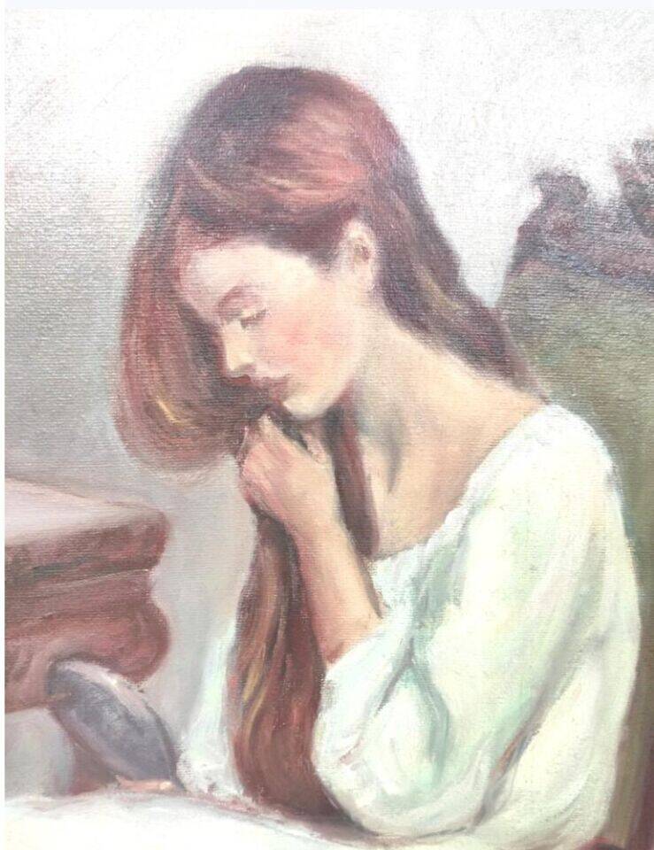 Jeune fille se peignant les cheveux 1984 signé, Portrait