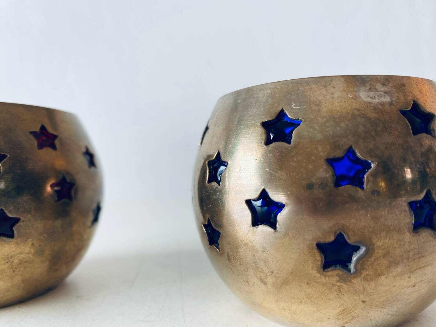 Pair of brass and glass tealight holders