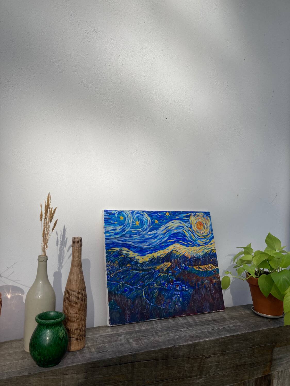 Starry night landscape painting oil on canvas
