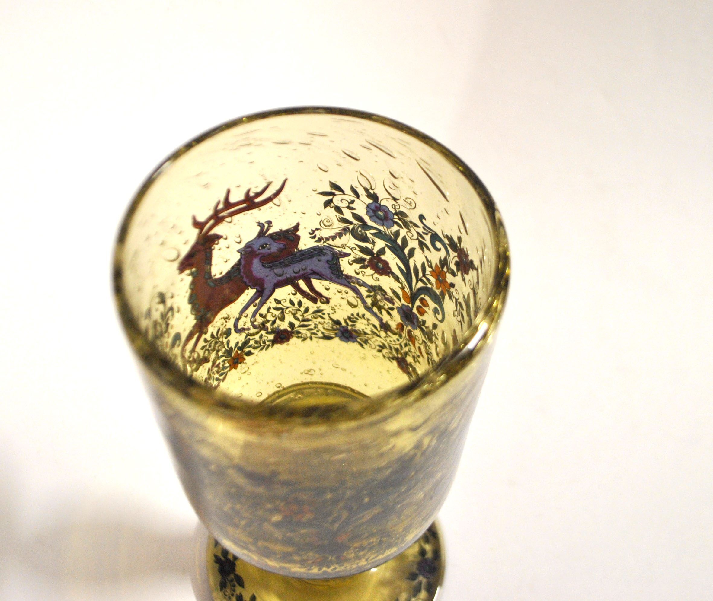 Roemer glass in bubble glass, enamelled, hunter Alfred TAUBE VOHENSTRAUSS Germany