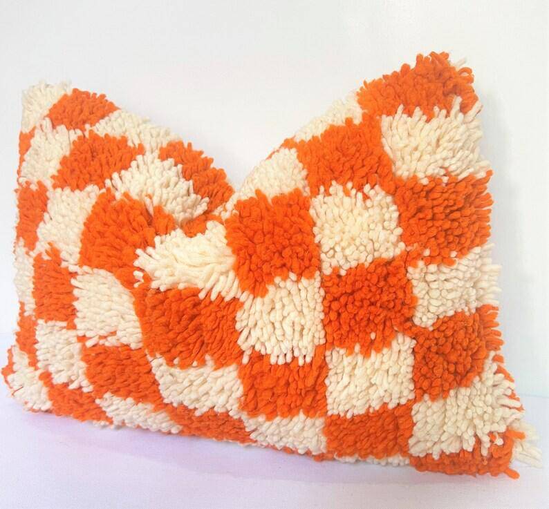 Orange Berber cushion for home decor Checkered pillow cover Moroccan cushion C