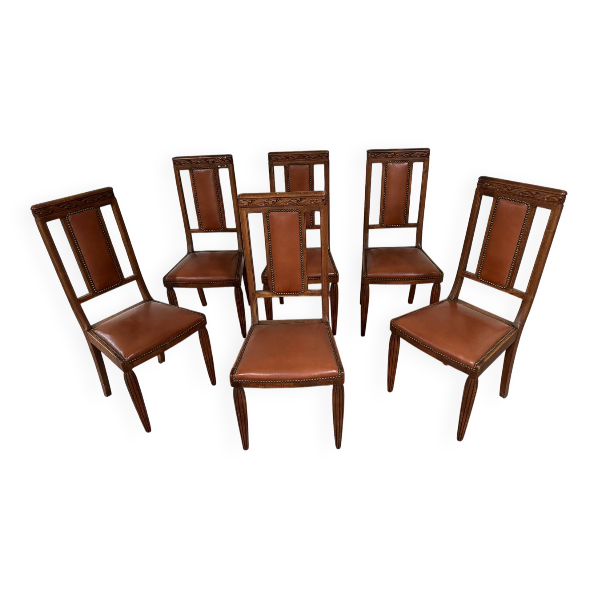 6 Art Deco walnut and leather chairs